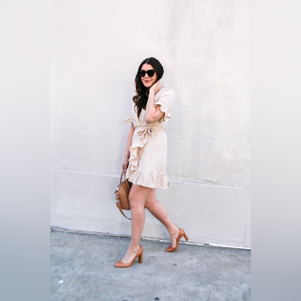 WAYF‎ Polka Dot Wrap Linen Blend Day Dress Beige Cream XS